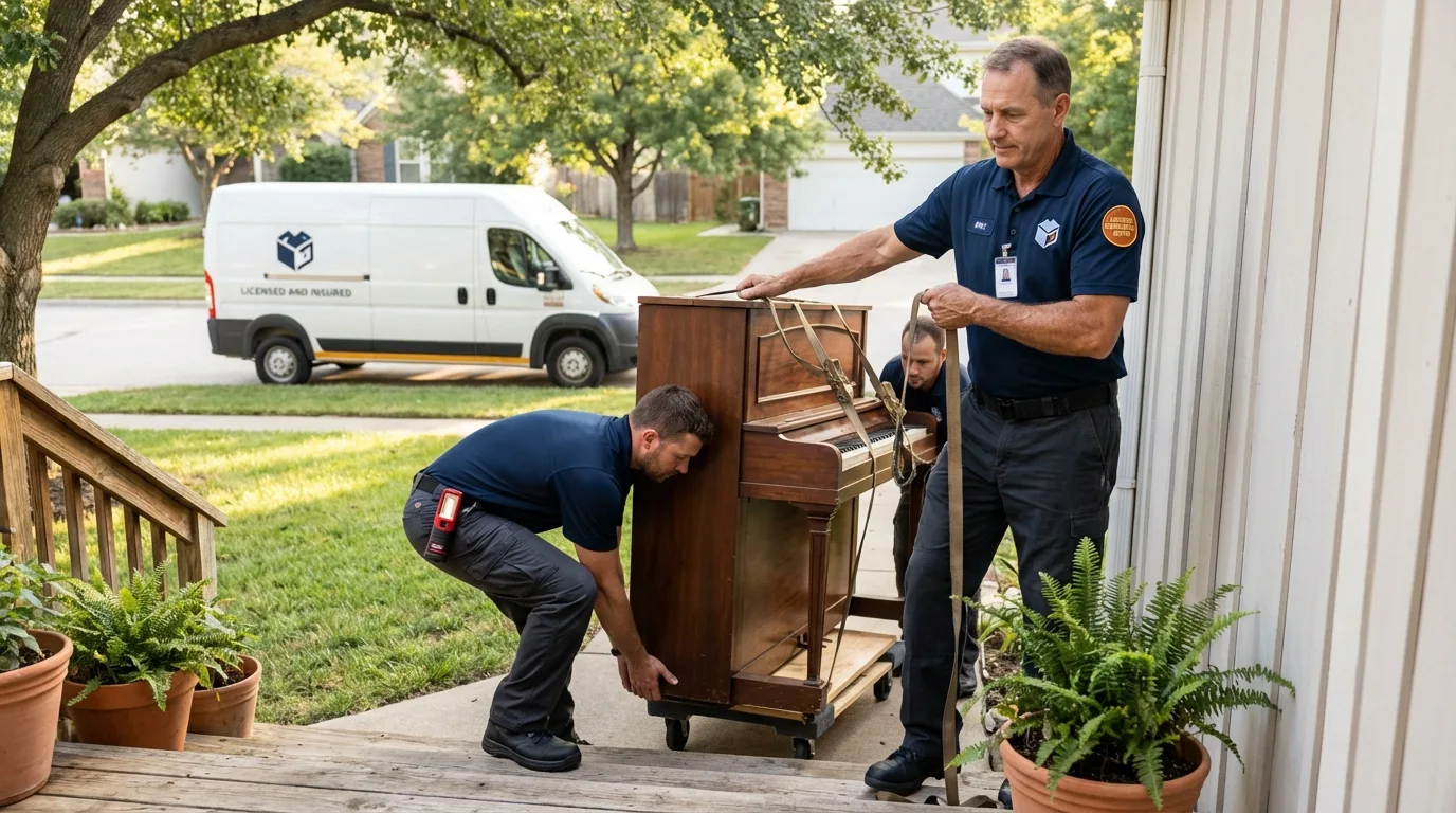 Licensed piano movers securing grand piano in Yorktown, VA