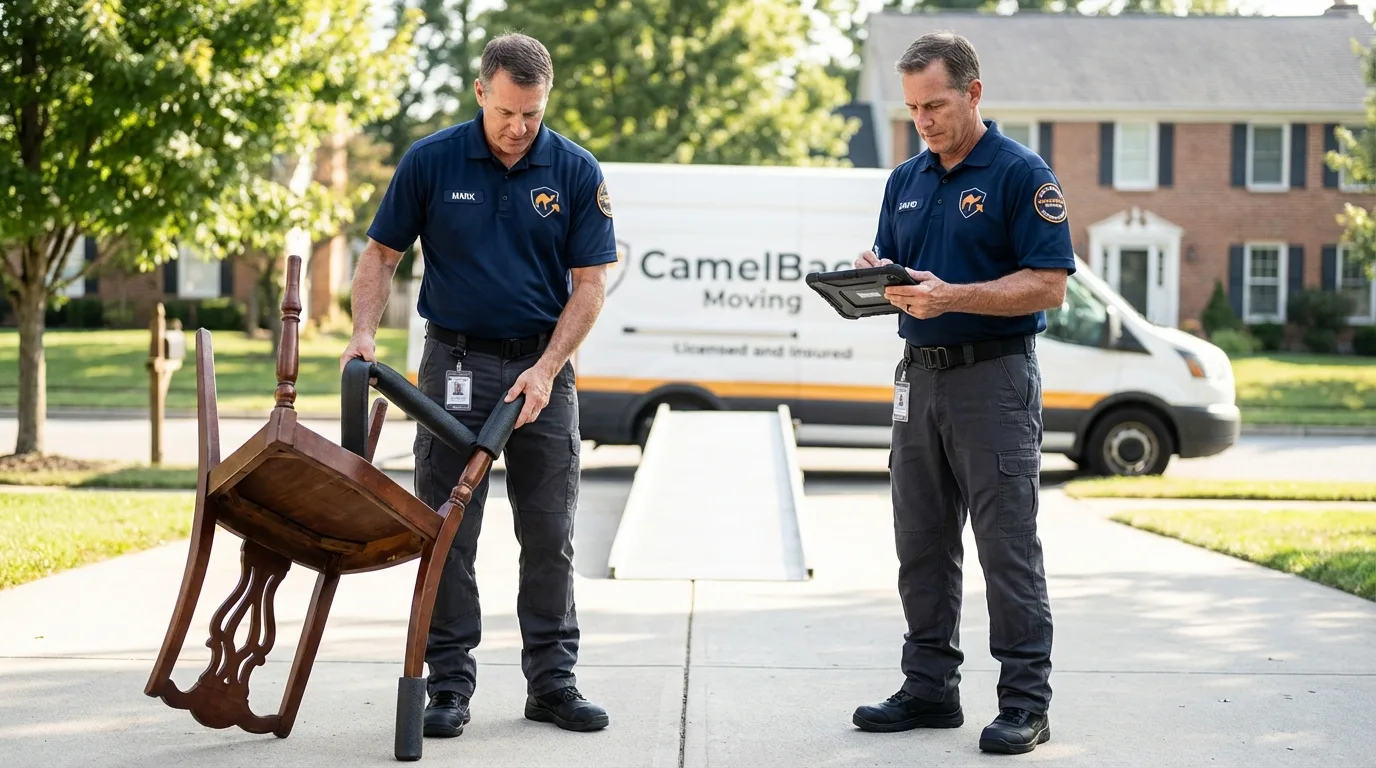 Movers inspecting furniture for damage prevention before loading in Yorktown, VA