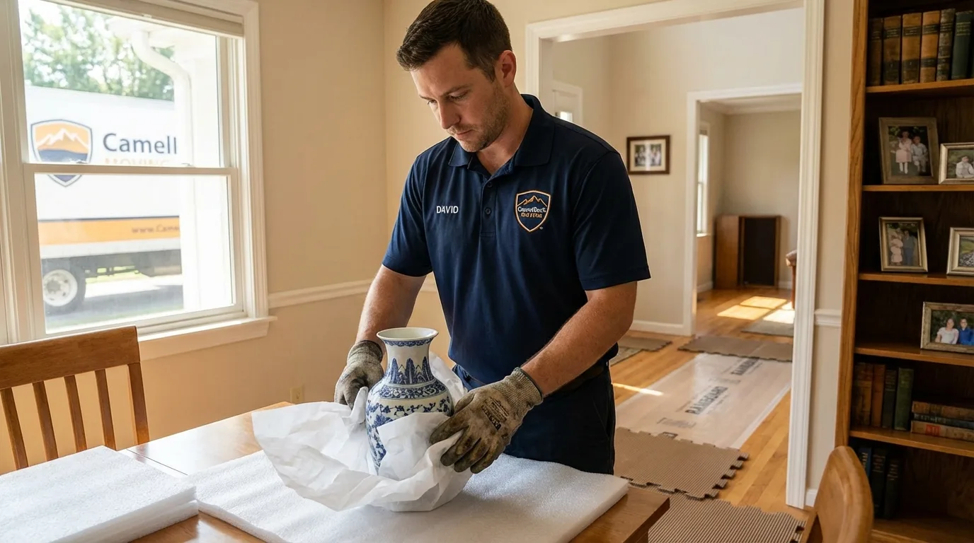 Professional crew carefully wrapping antique vase for senior downsizing move in Yorktown, VA